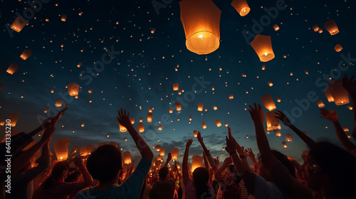 Sky lanterns or Chinese lantern, people let go in the air