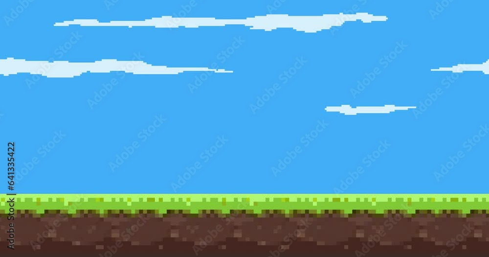 Animation of old style pixel game. Pixel art game background. Ground, grass, sky, tree, clouds and stars. Pixel art Game Design 8 bit video vector. Old school background for game. 