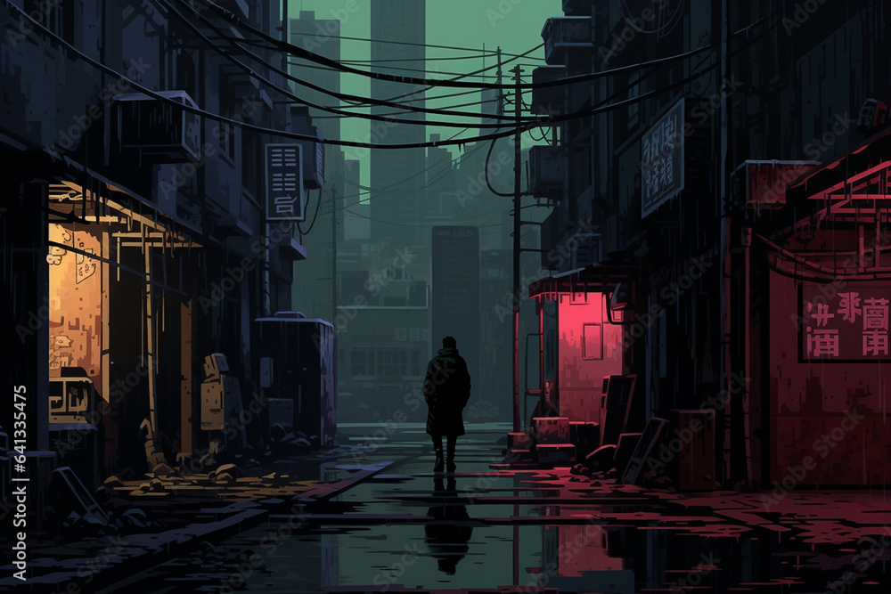 Fototapeta premium silhouette of a man in a Japanese city, cyberpunk anime style