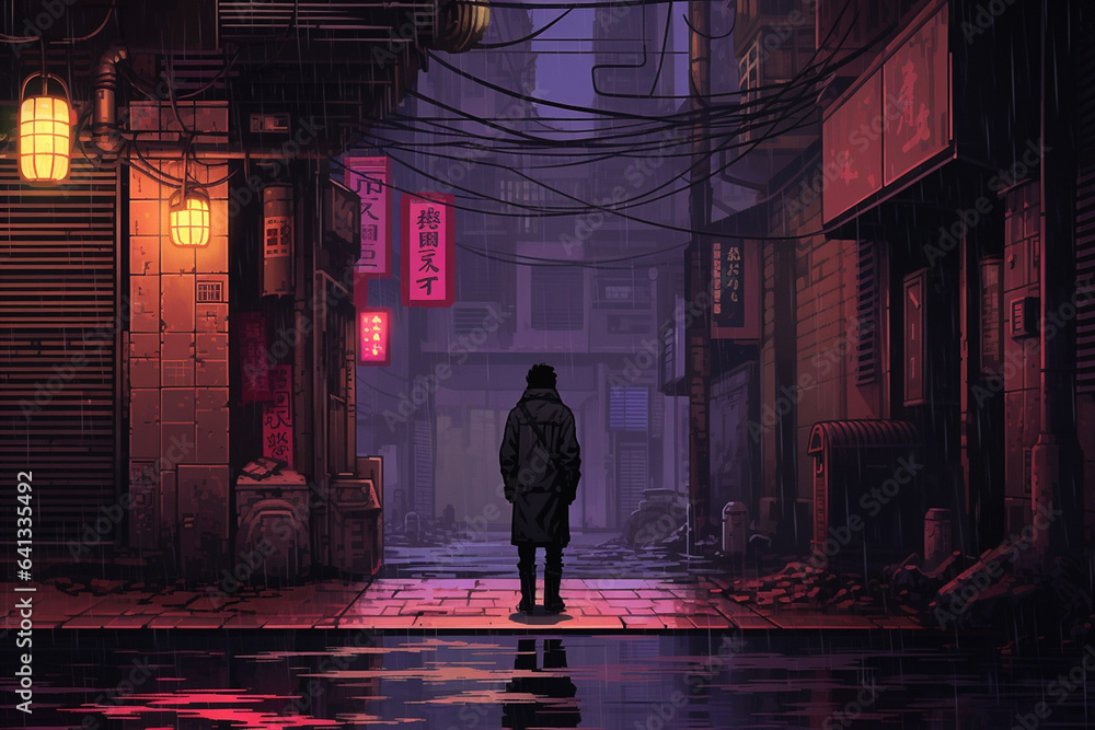 silhouette of a man in a Japanese city, cyberpunk anime style