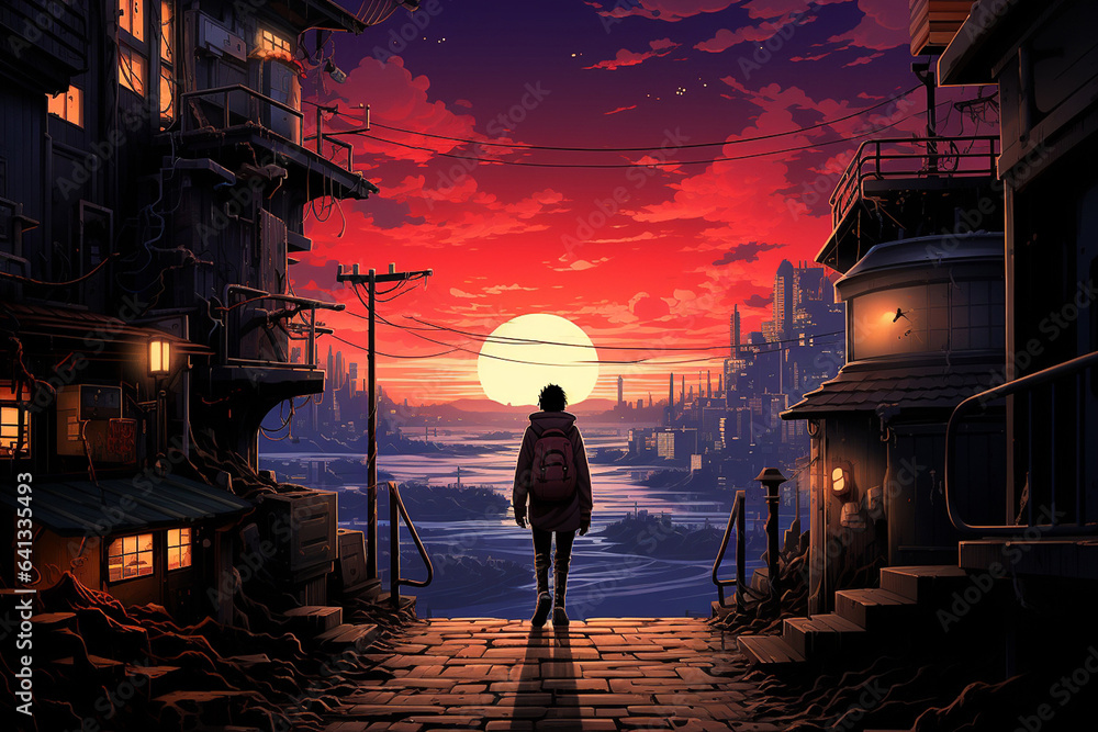 Fototapeta premium silhouette of a man in a Japanese city, cyberpunk anime style