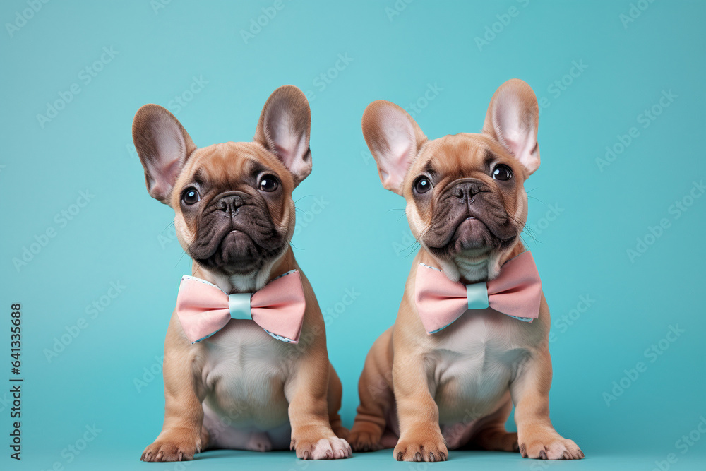 Pair of cute fawn French Bulldog dog puppies with pink bowties on pastel blue background