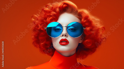 fashionable red-haired woman with big glasses