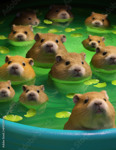 Guinea pigs swim in a rubber pool photo