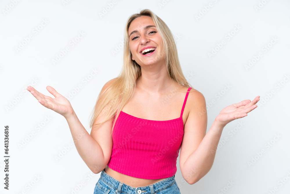 Young caucasian woman isolated on white background smiling a lot Young caucasian woman isolated on white background smiling a lot