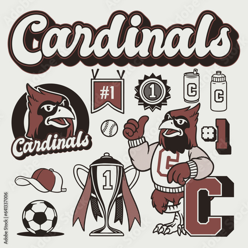 Cardinal Mascot Sport Object in Hand Drawn Vintage Style