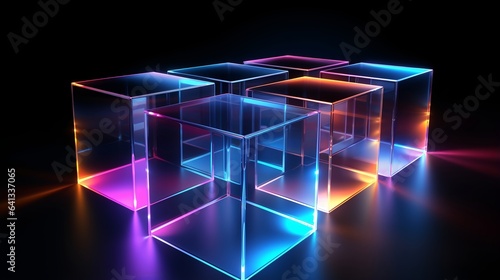 Abstract colorful neon cubes on black background, dark room, 3d render