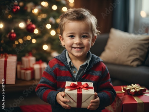 Smiling little boy holding gift box on defocused christmas background. Holiday surprise. New Year and Merry Christmas.