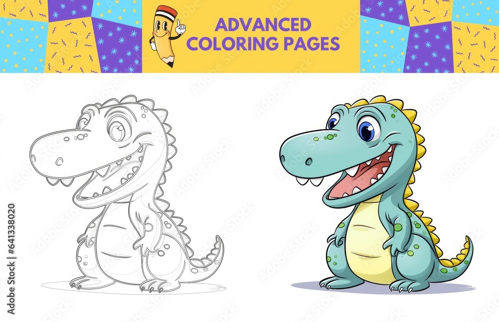 Crocodile coloring page with colored example for kids. Coloring book