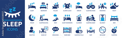 Sleep icon set. Containing sleeping, bedroom, dream, pillow, bed, alarm clock, insomnia, night, rest and sleep disorders icons. Solid icon collection. Vector illustration. photo
