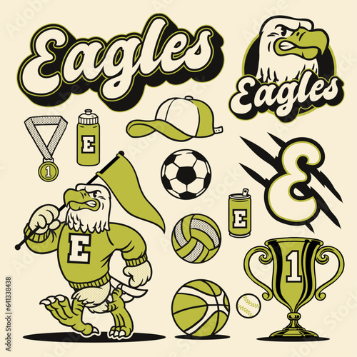 Eagle Mascot Object Sport Set in Vintage Hand Drawn Design