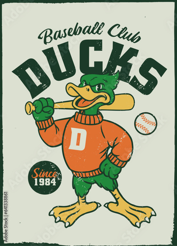 Serious Cartoon Duck Ready to PlayBaseball Poster in Vintage Style