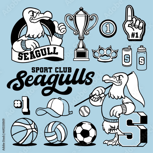 Set of Seagull Mascot and Sport Object in Old School Style