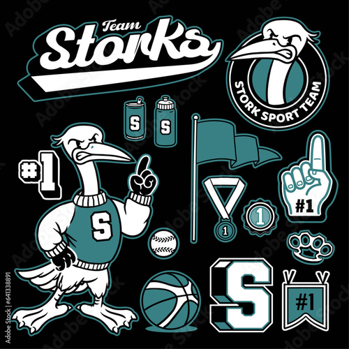 Stork Mascot and Sport Object in Vintage Old School Style