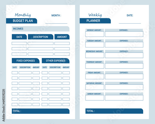 Set of two minimalist budget planners. Monthly and weekly plan template. Cute and simple business organizer. Paper. Realistic vector illustration.