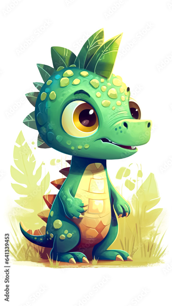 Obraz premium Funny little green dinosaur cartoon character, generative AI.