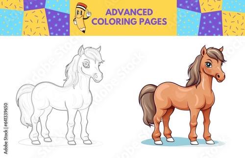 Horse coloring page with colored example for kids. Coloring book