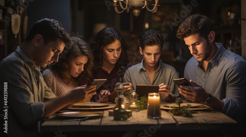 Disconnected Family Time concept. A family sits around a dining table, each absorbed in their devices, failing to engage with each other.