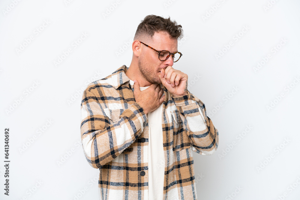 Young caucasian handsome man isolated on white background coughing a lot Young caucasian handsome man isolated on white background coughing a lot