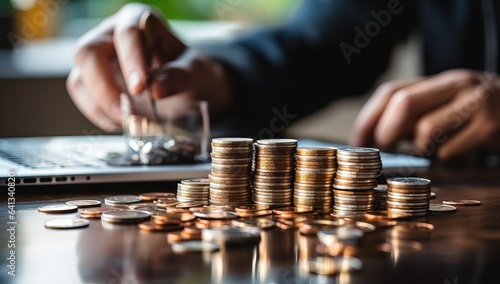 Investment concept, Coins graph stock market on wooden table background.
