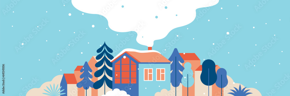 © venimo - Vector illustration in trendy flat simple style - Happy Holidays - Merry  Christmas and Happy New Year greeting card and banner - winter landscape with houses and hand-lettering phrase