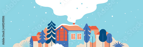 Vector illustration in trendy flat simple style - Happy Holidays - Merry  Christmas and Happy New Year greeting card and banner - winter landscape with houses and hand-lettering phrase