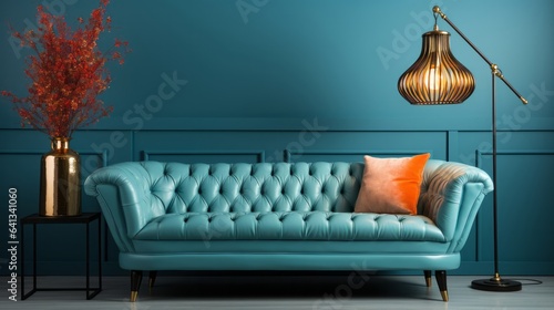 Vintage sofa and lamp on blue wall. Generative AI.