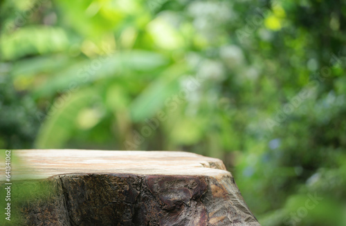 Wallpaper Mural Wood tabletop counter podium floor in outdoors tropical garden forest blurred green banana leaf plant nature background.Natural product placement pedestal stand display,summer jungle paradise concept. Torontodigital.ca