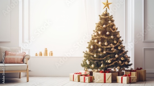 Christmas tree with colorful decorations and wrapped gifts on a white background. Wallpaper concept of Christmas and New Year. Tree decorated with garlands and presents boxes. Modern house interior. © Valua Vitaly