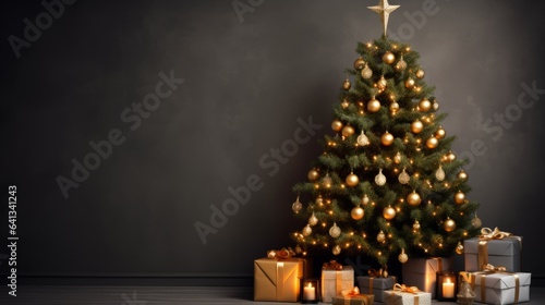 Christmas tree with colorful decorations and wrapped gifts on a dark background. Wallpaper concept of Christmas and New Year. Tree decorated with garlands and presents boxes. Modern house interior.