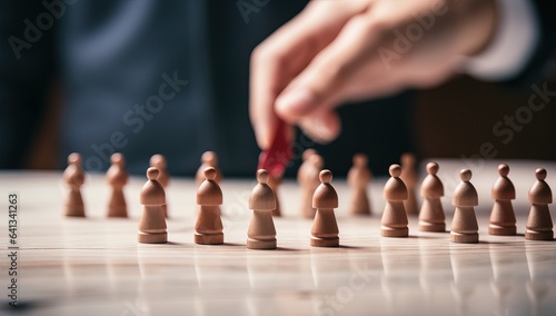 Close-up of businessman hand moving chess pieces. Business strategy concept