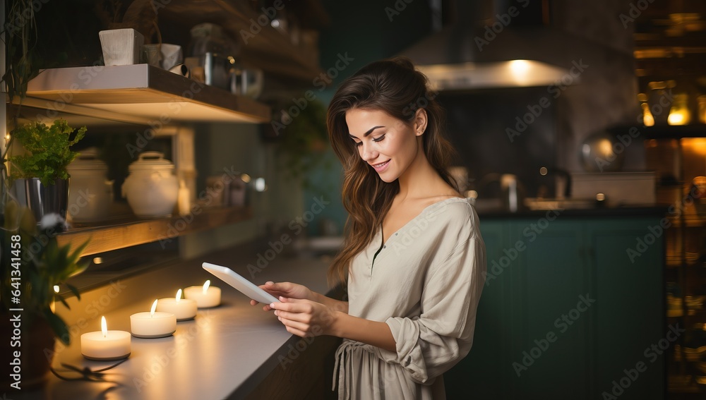 Beautiful young woman using digital tablet in the kitchen at home.