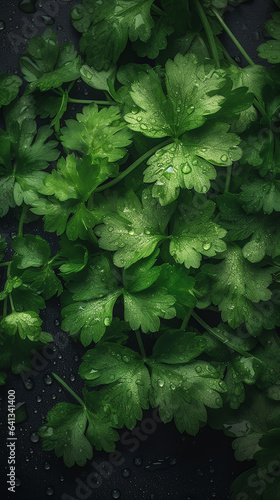 Fresh bunch of cilantro with water drops background - coriander - generative ai