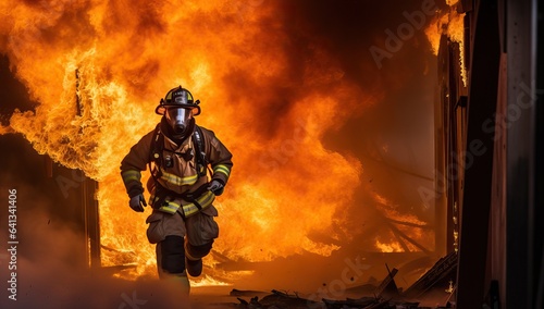 Firefighter in action, fighting a fire in a burning building.