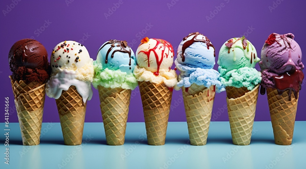 sweet ice cream on abstract background, colored delicious ice cream on background, colored background, ice cream on colorful background