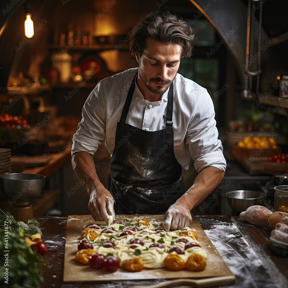 Professional chef in a pizzeria, pizzaiolo. Fatty food and fast food. concept: cooking profession, cooking and food preparation courses