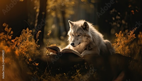 White wolf reading a book in the autumn forest. The concept of reading and education.