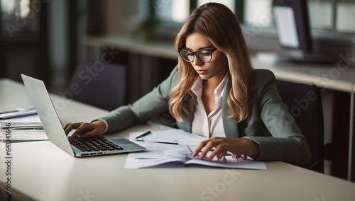 businesswoman in eyeglasses working with papers and laptop in office