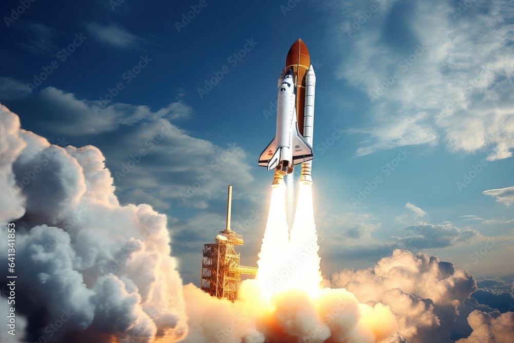 Rocket takes off into space. concept of business success.