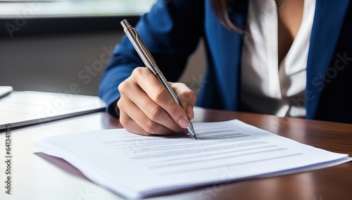 Close up of a businesswoman signing a contract at office desk.