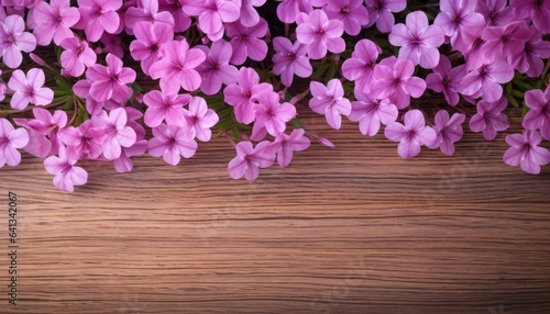 Pink phlox flowers on wooden background. Copy space for text.