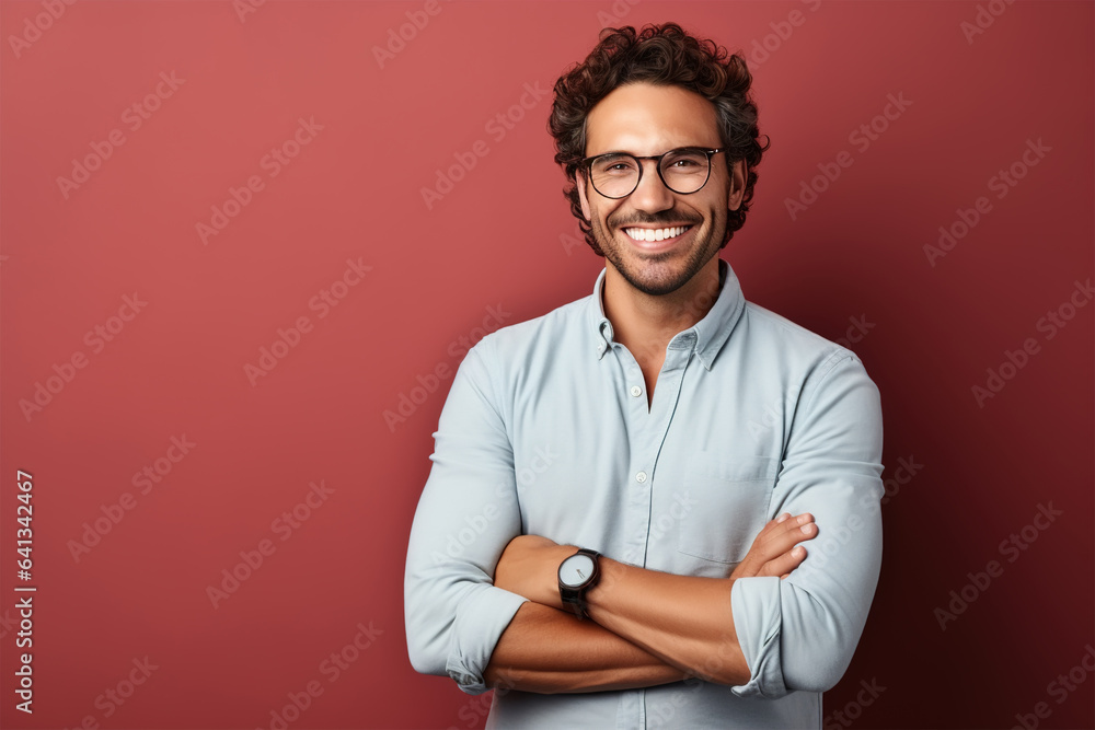 Smiling positive adult man in shirt and glasses folded his hands together on burgundy background, male waist-length studio portrait Smiling positive adult man in shirt and glasses folded his hands together on burgundy background, male waist-length studio portrait