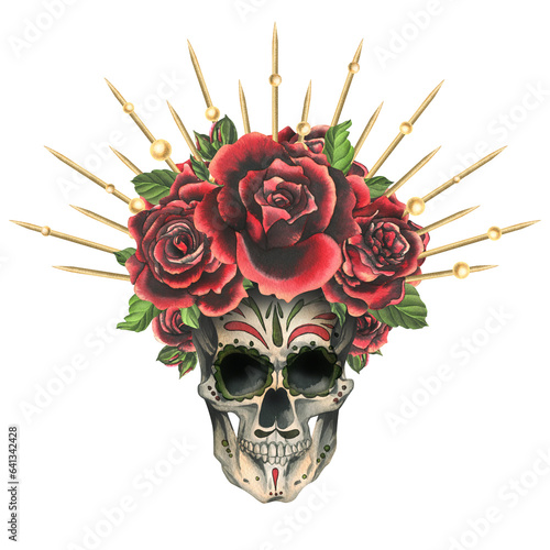 Fototapeta Naklejka Na Ścianę i Meble -  Human skull with an ornament, red roses in a golden crown with beads. Hand drawn watercolor illustration for Halloween, day of the dead, Dia de los muertos. Isolated composition on a white background.
