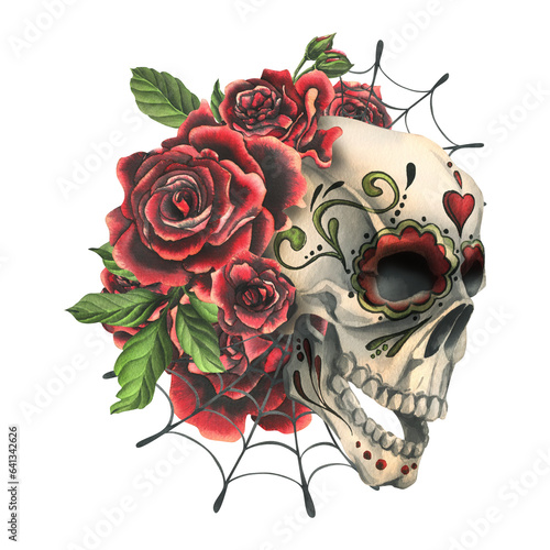 Fototapeta Naklejka Na Ścianę i Meble -  Ornamented human skull with red roses and cobwebs. Hand drawn watercolor illustration for day of the dead, halloween, Dia de los muertos. Isolated composition on a white background