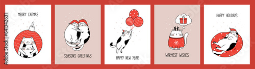 Hand drawn collection invitation greeting cards and posters with cute cats for Christmas and New Year.