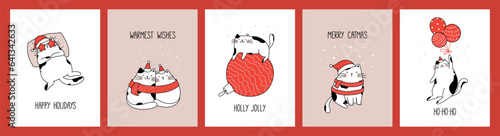 Hand drawn collection greeting cards and posters with cute funny cats for Christmas and New Year.