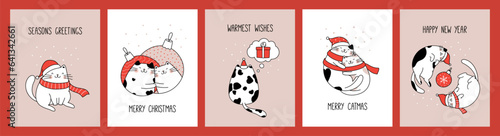 Hand drawn collection greeting cards and posters with cute cats for Christmas and New Year.