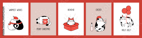 Hand drawn collection greeting cards and posters with cute cats for Christmas and New Year.