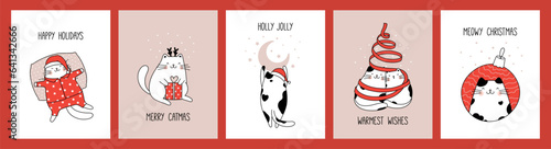 Hand drawn collection greeting cards and posters with funny cute cats for Christmas and New Year.