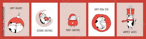 Hand drawn collection greeting cards and posters with cute cats for Christmas and New Year.